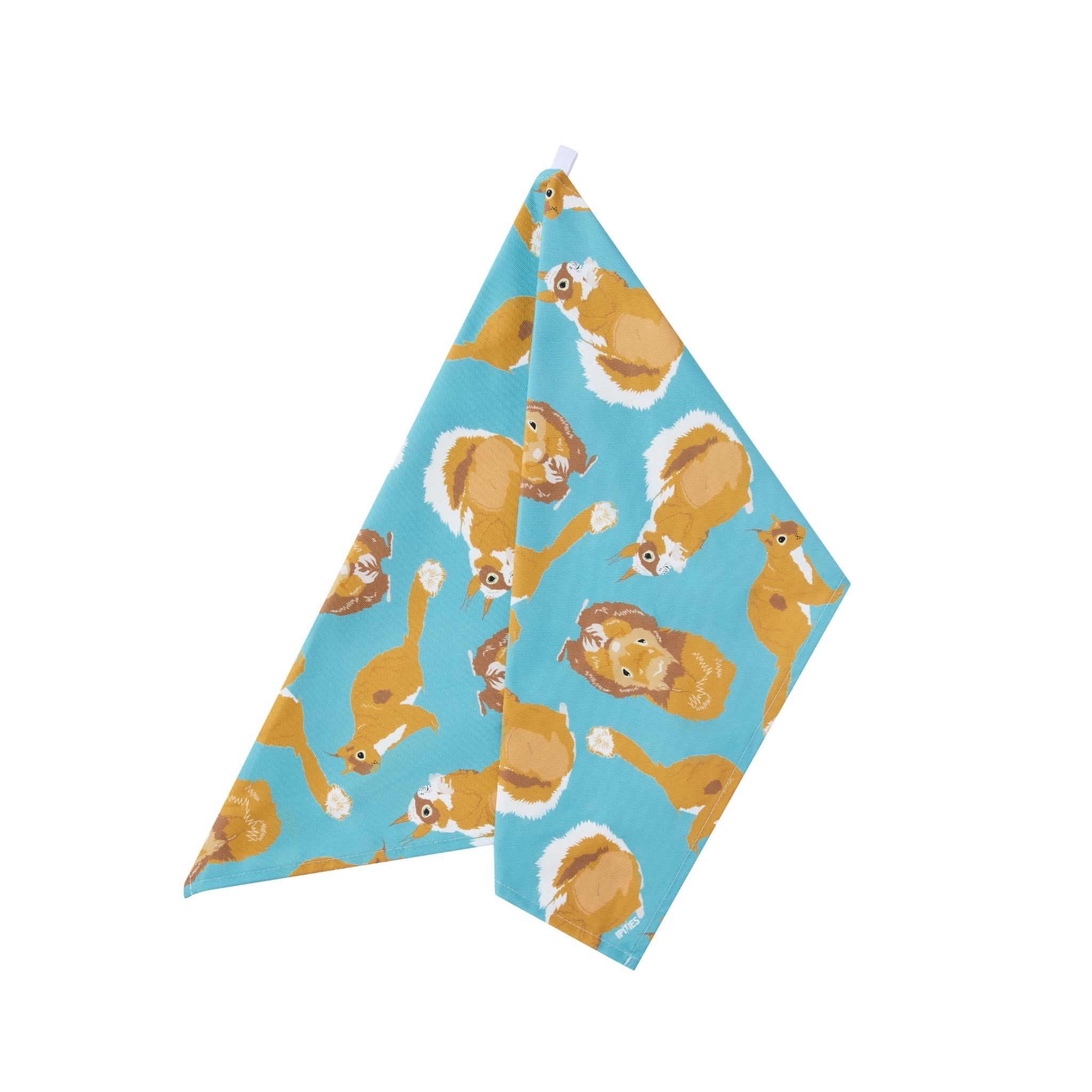 Red Squirrel design teal cotton tea towel