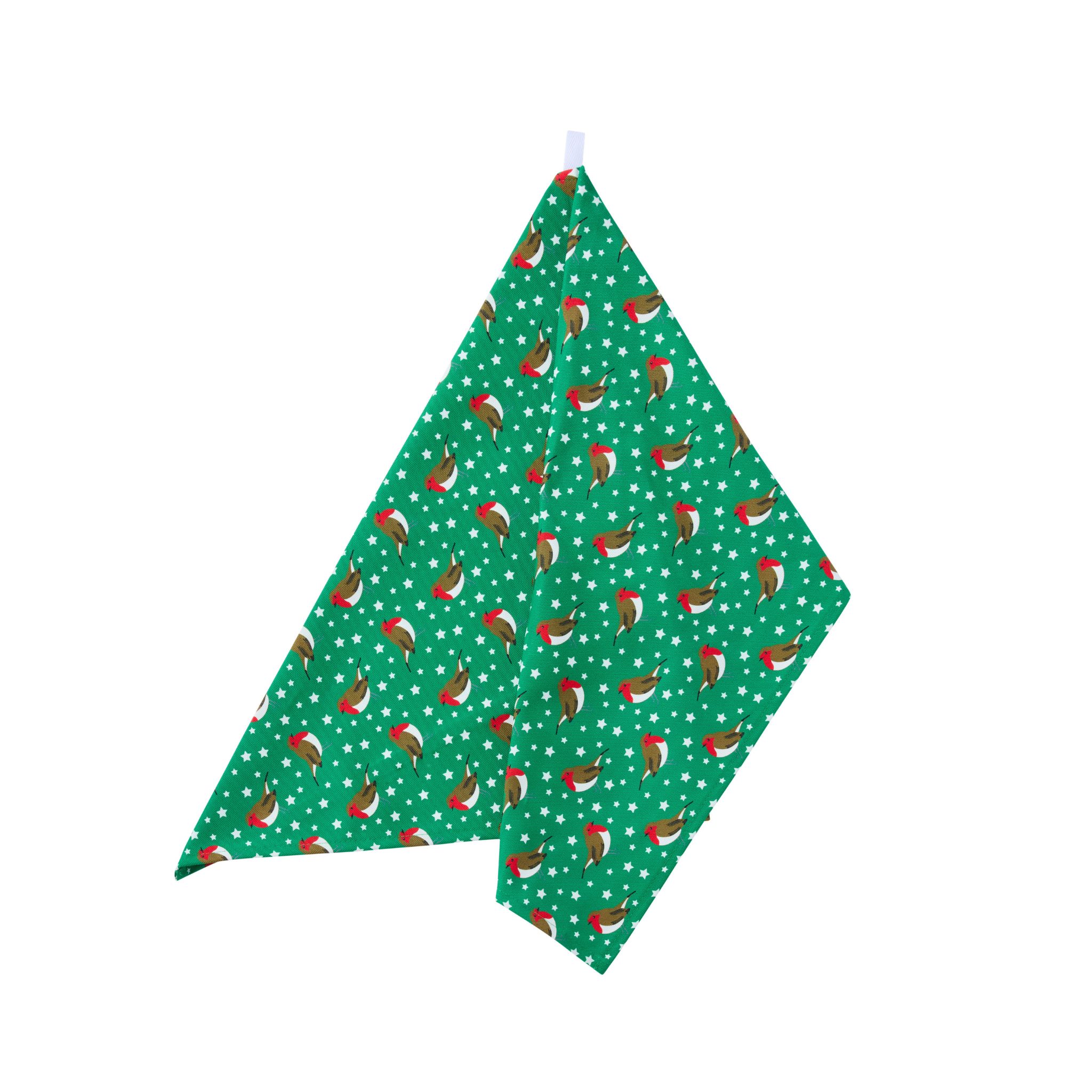 Festive Green Robins Tea Towel in organic cotton