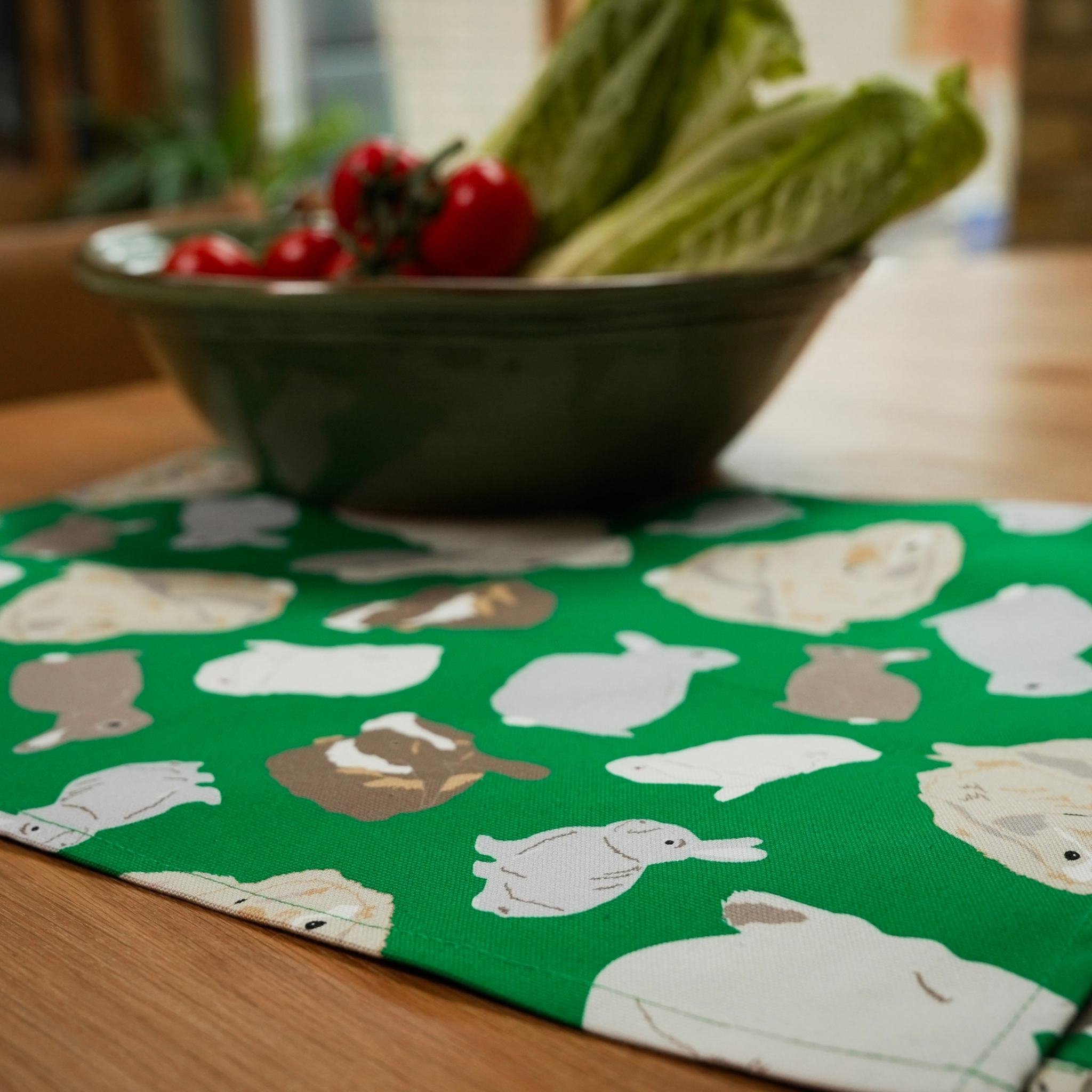 green tea towel with rabbits illustrations from UmmPixies