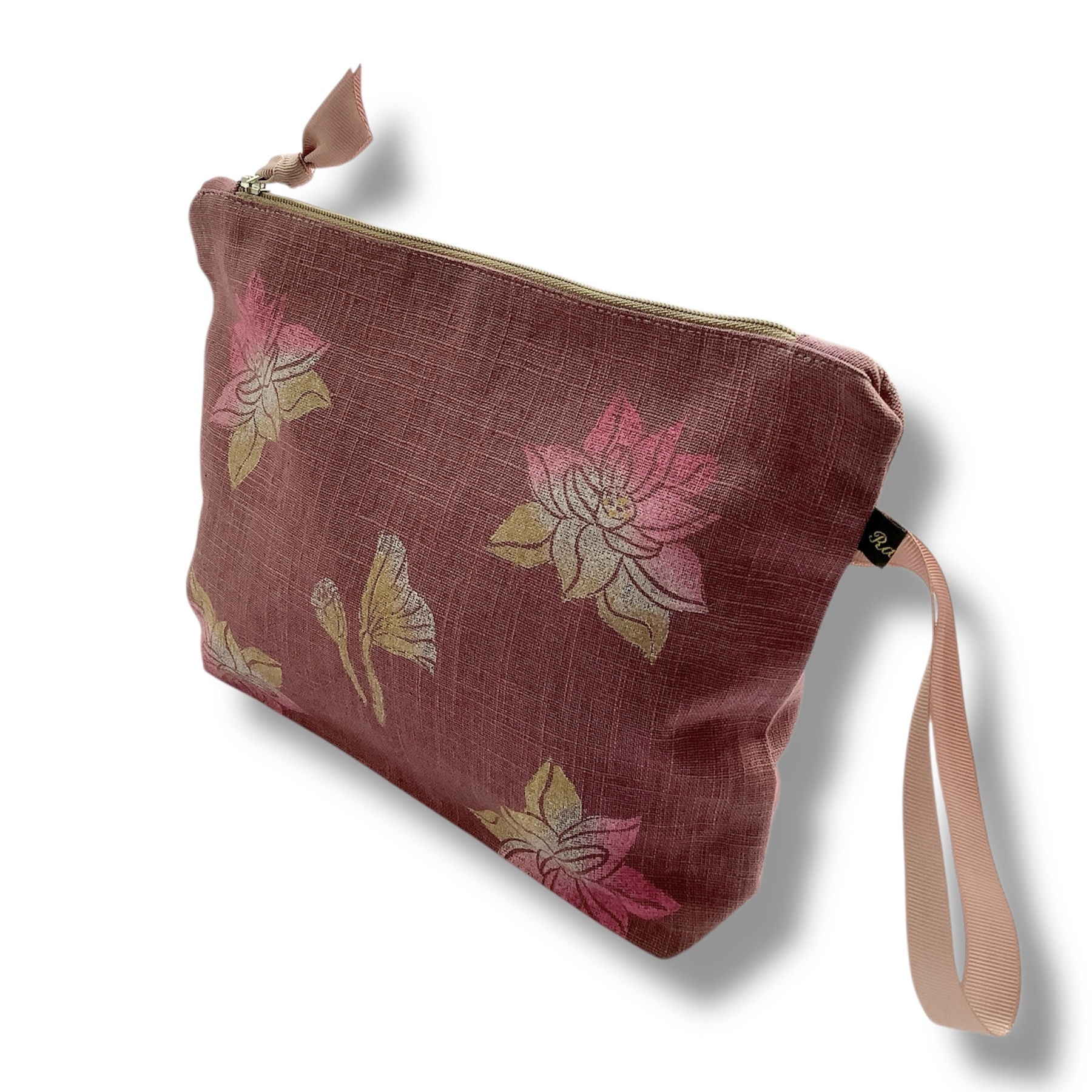 Dusty Pink Lotus Flowers Linen Makeup Bag