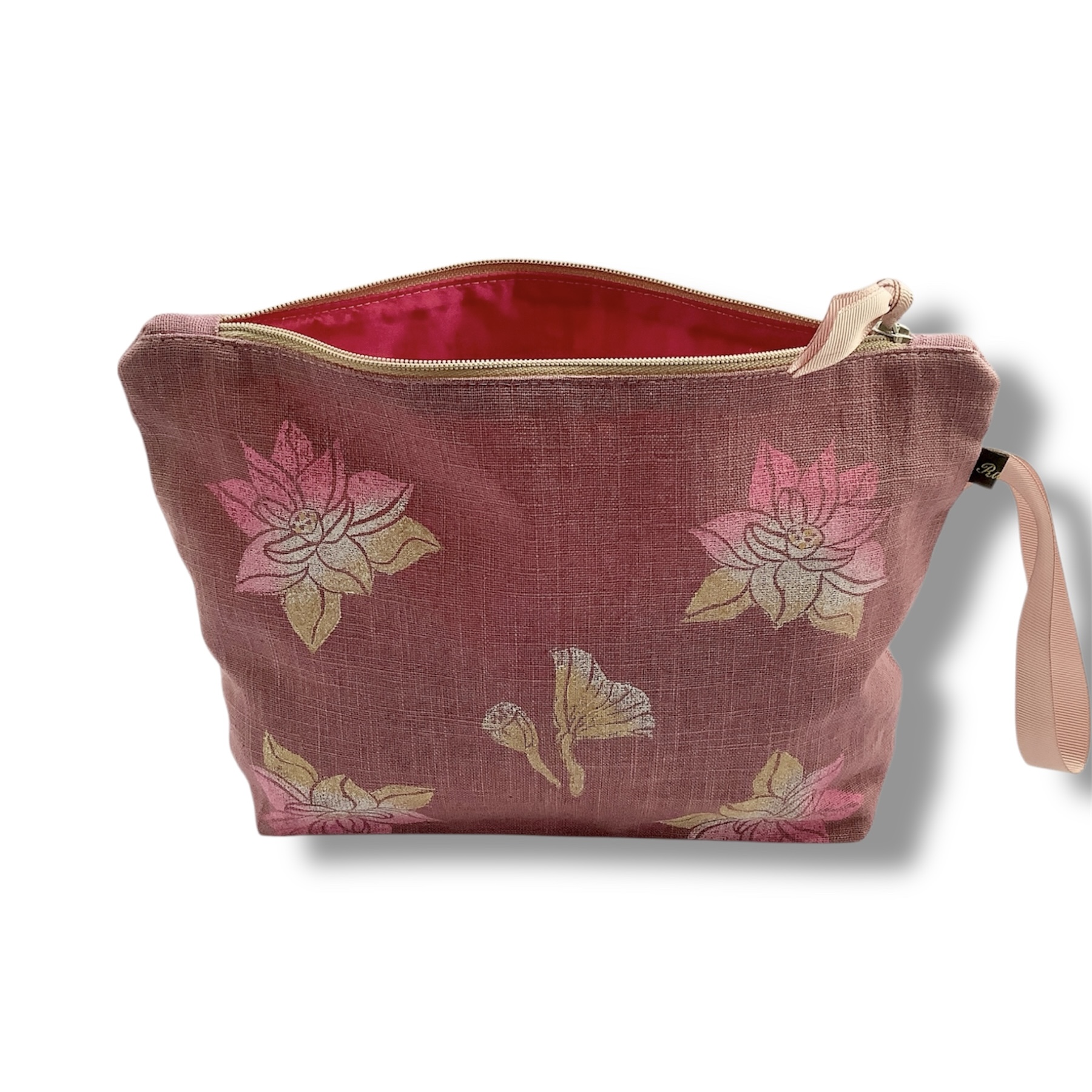 Dusty Pink Lotus Flowers Linen Makeup Bag