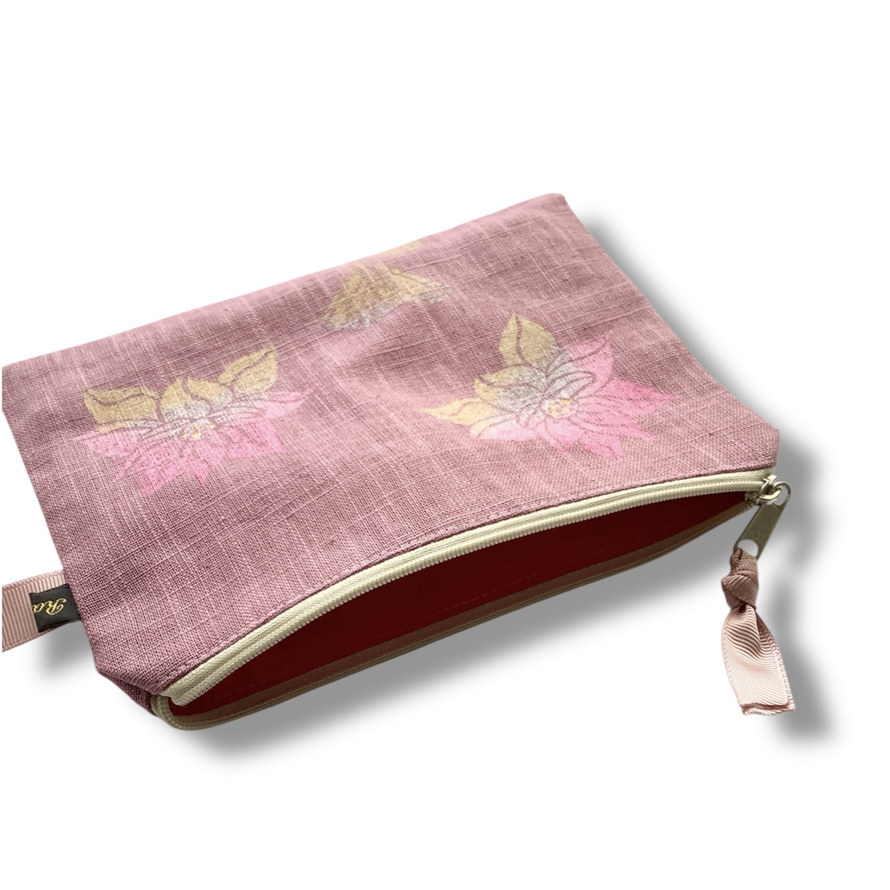 Dusty Pink Linen Lotus Flower Zip-Up Pouch