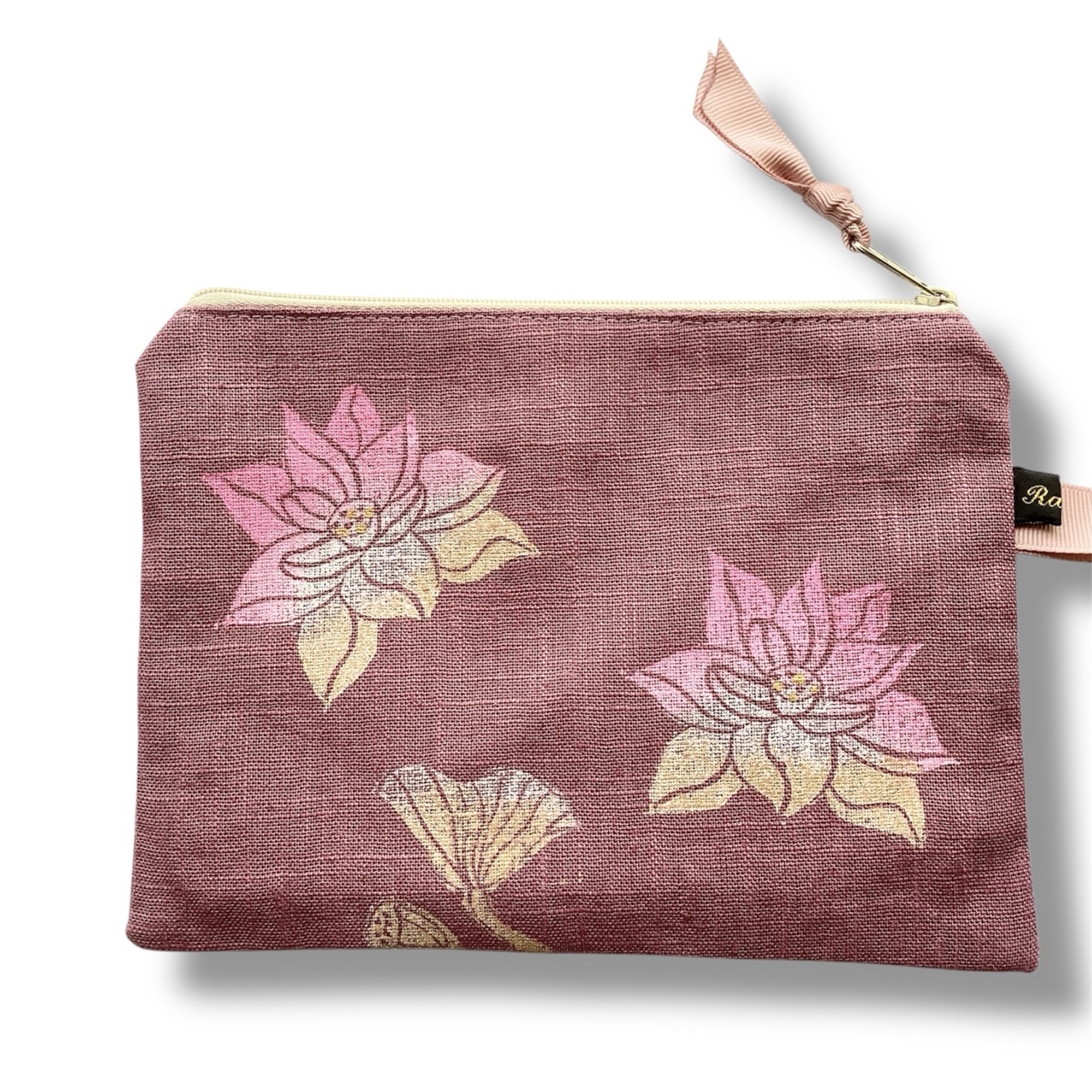Dusty Pink Linen Lotus Flower Zip-Up Pouch