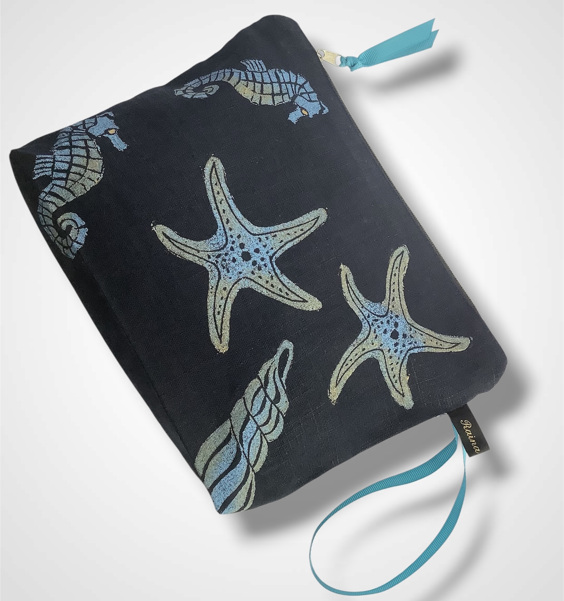 Navy Blue Sea Shells Linen Makeup Bag