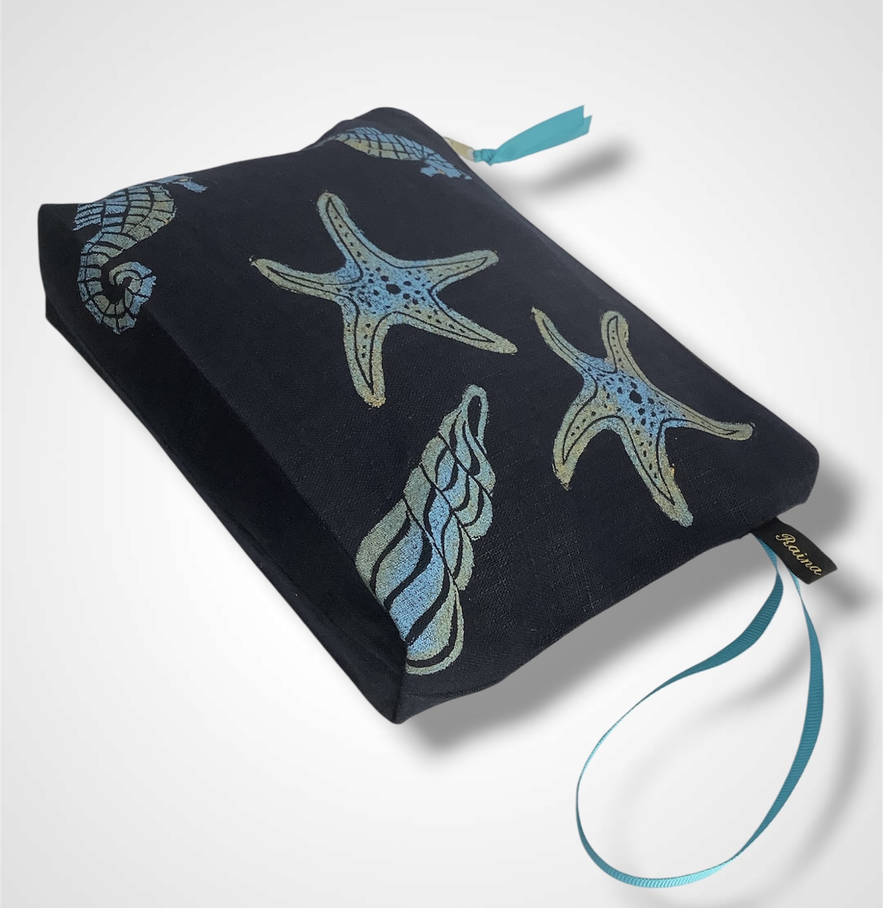 Navy Blue Sea Shells Linen Makeup Bag