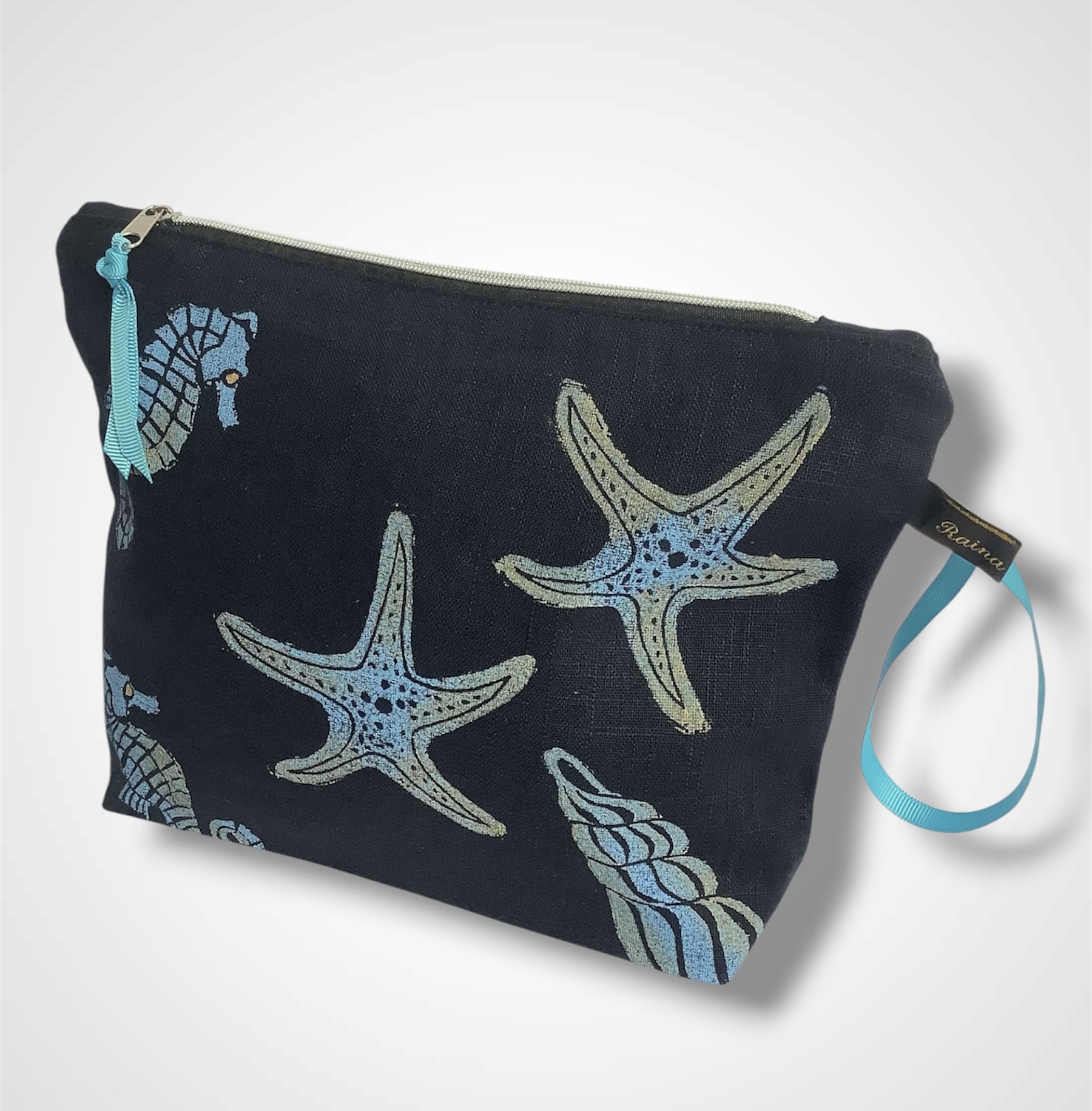 Navy Blue Sea Shells Linen Makeup Bag