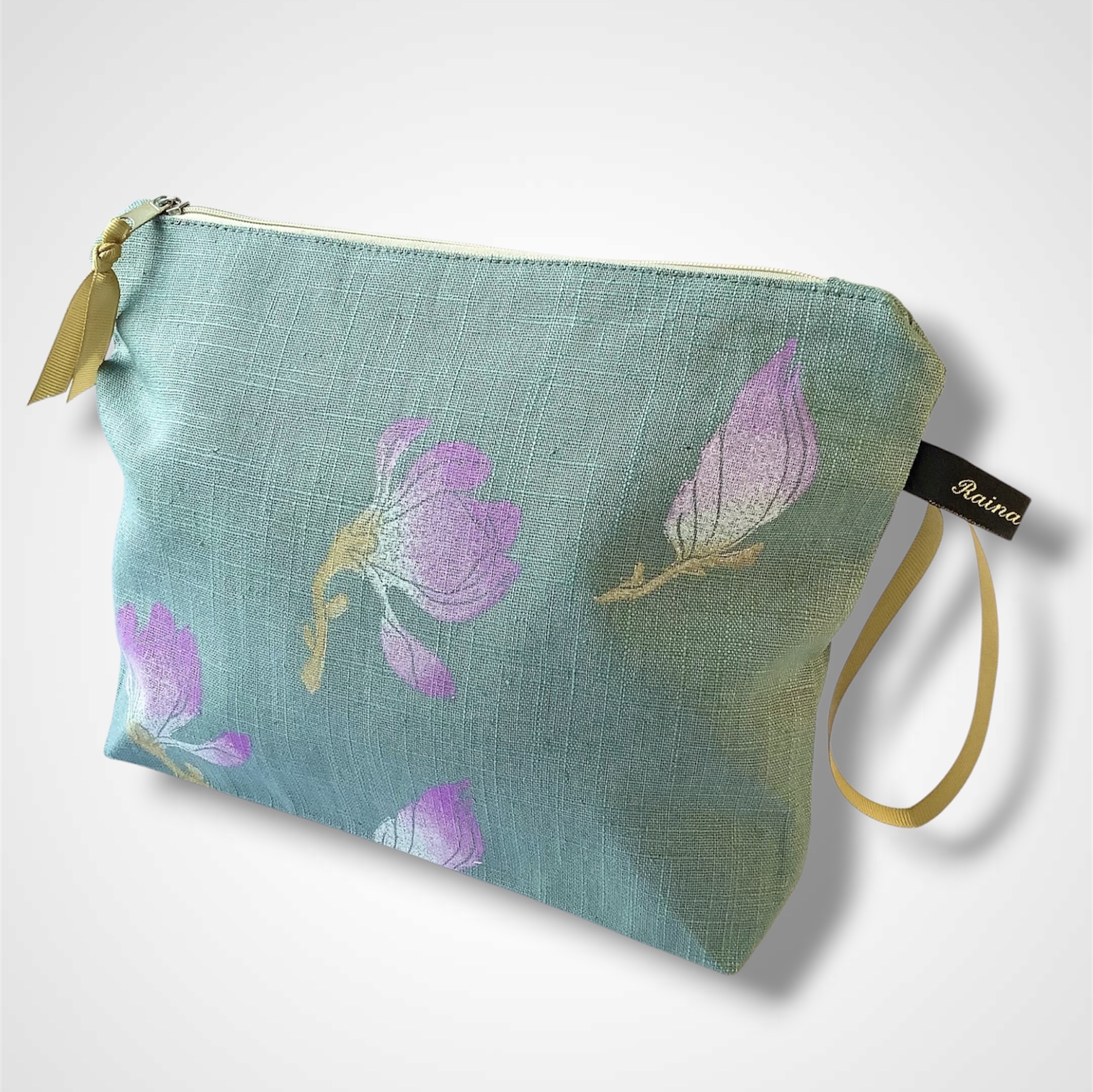 Sage Green Magnolias Linen Makeup Bag