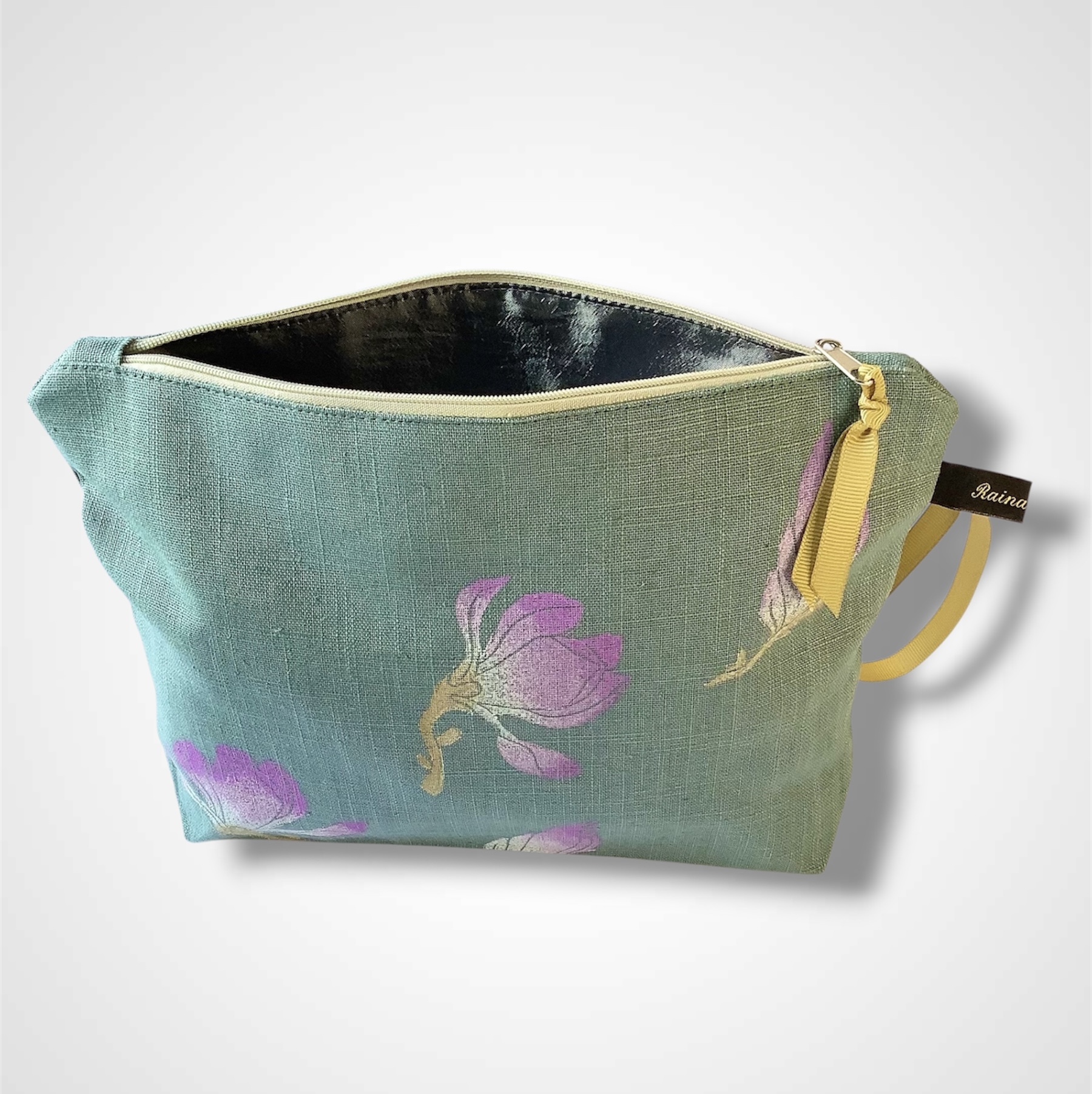Sage Green Magnolias Linen Makeup Bag