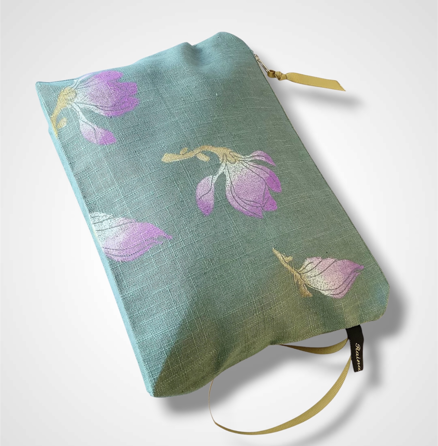 Sage Green Magnolias Linen Makeup Bag