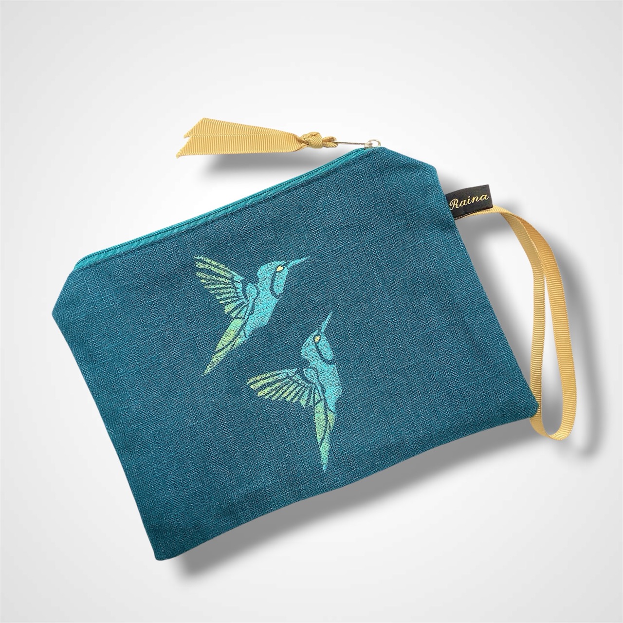 Teal Hummingbirds Linen Zip-Up Pouch