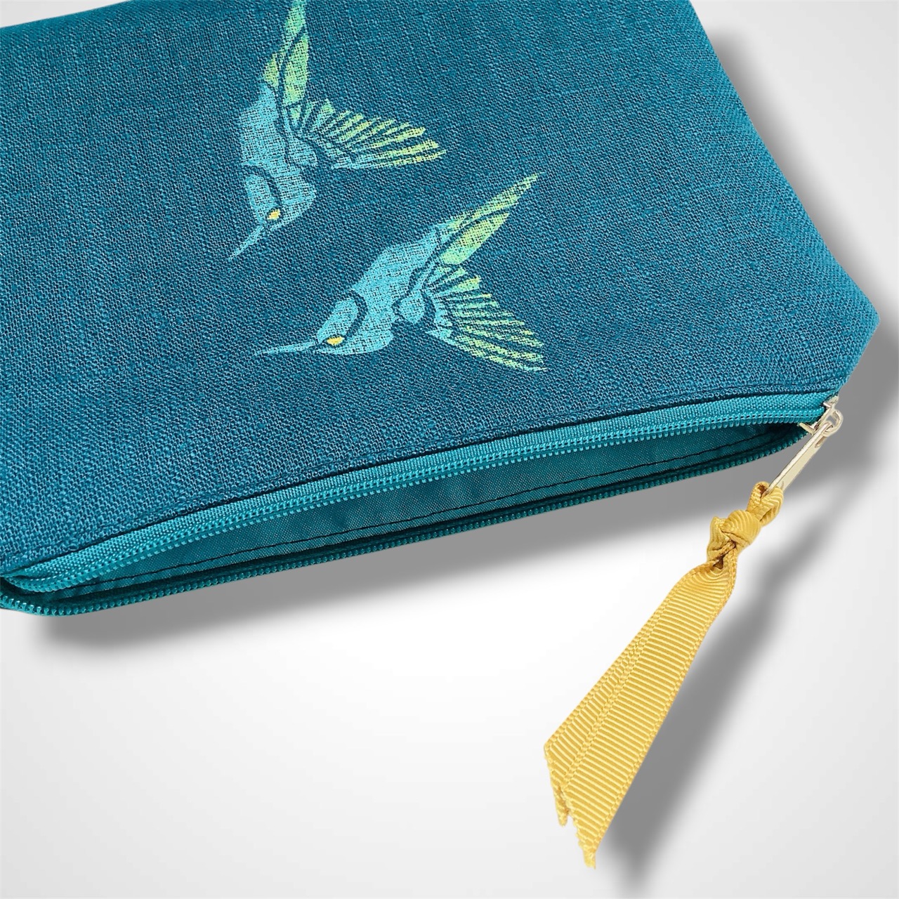 Teal Hummingbirds Linen Zip-Up Pouch