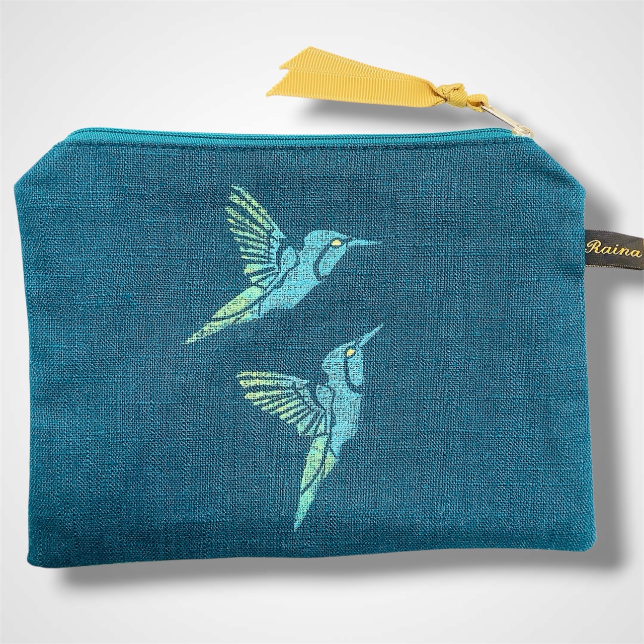 Teal Hummingbirds Linen Zip-Up Pouch