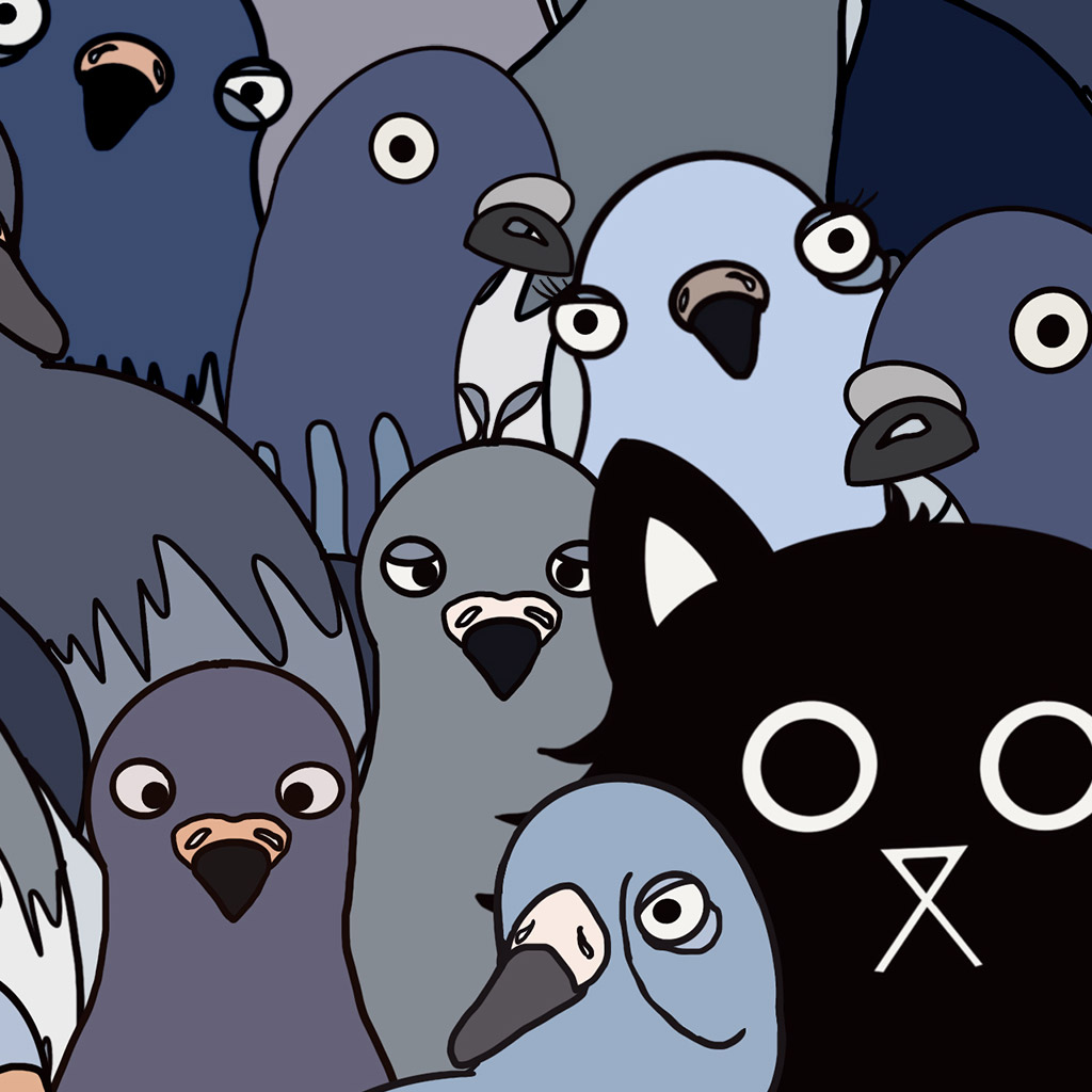 Hand-illustrated print showing dozens of cartoon pigeons with varied expressions surrounding a small black cat with white eyes, printed on cream card stock.