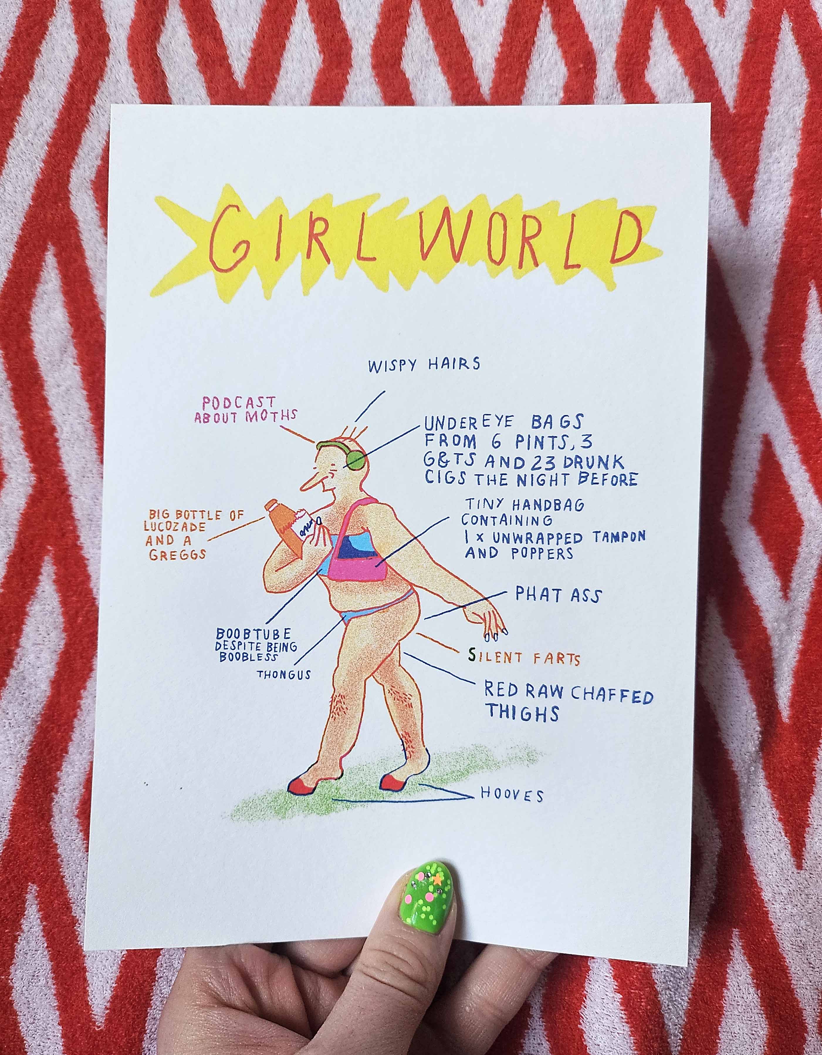 GIRLWORLD illustrated art print by Louise Mcfarlane featuring humorous comic-style annotations about modern femininity, body image, chaos, and girlhood.