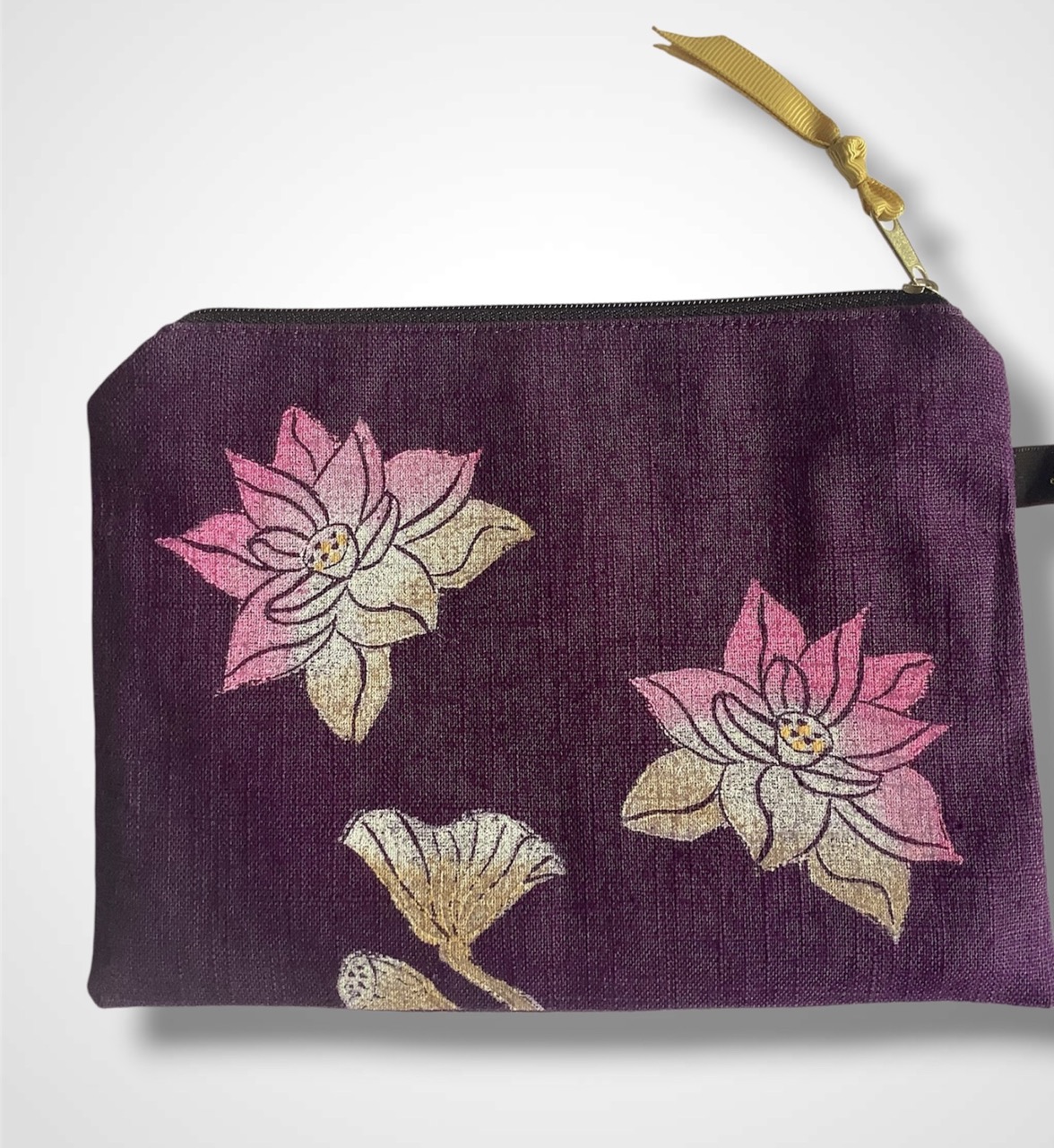 Purple Linen Lotus Flower Zip-Up Pouch