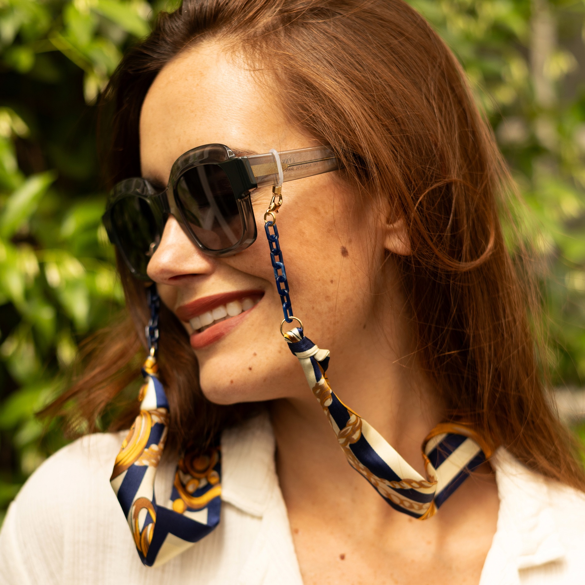 Solene Blue And Gold Nautical Print Fabric Glasses Chain