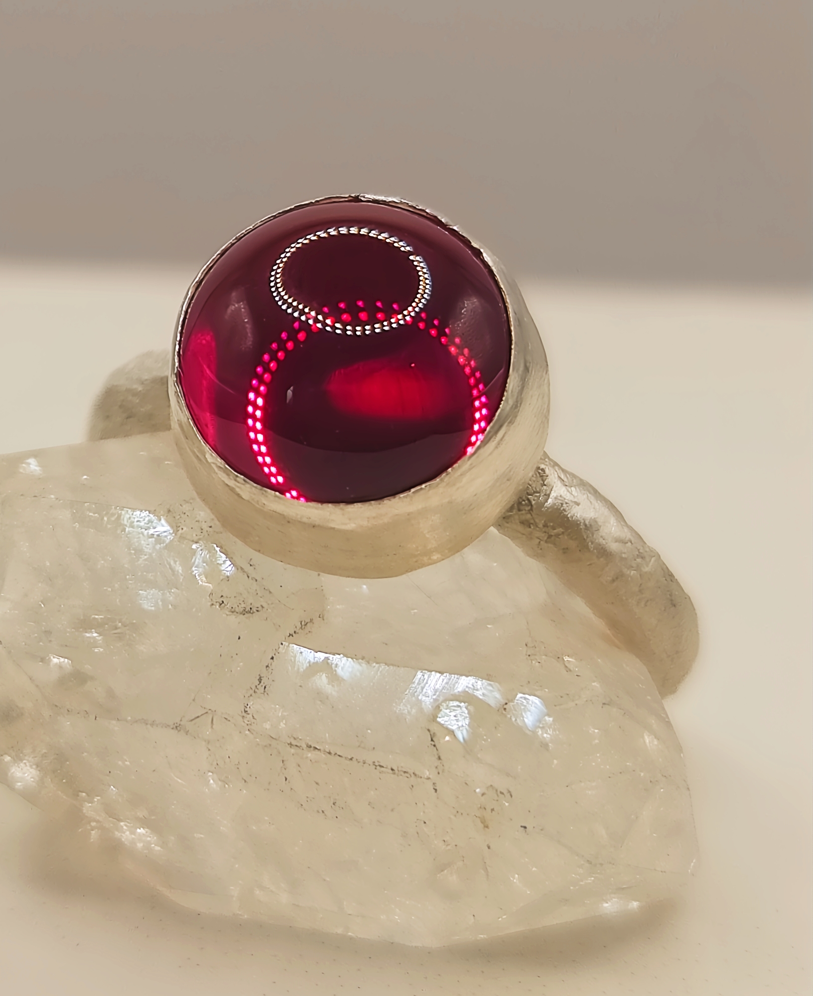 Sterling Silver Ring – 10mm Synthetic Ruby Cabochon - Size J