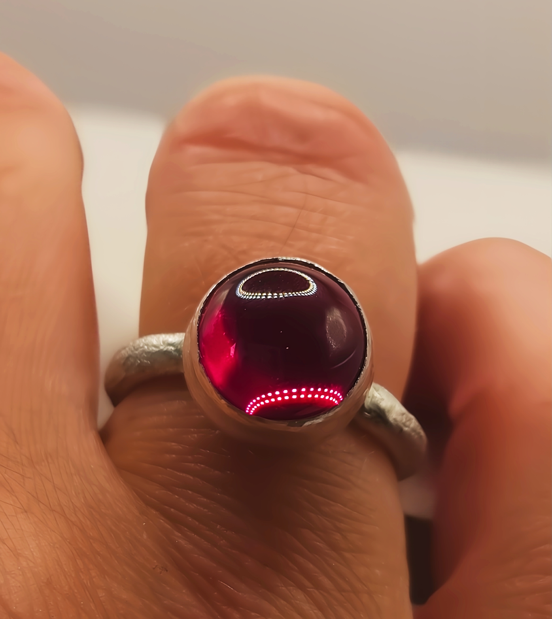 Sterling Silver Ring – 10mm Synthetic Ruby Cabochon - Size J