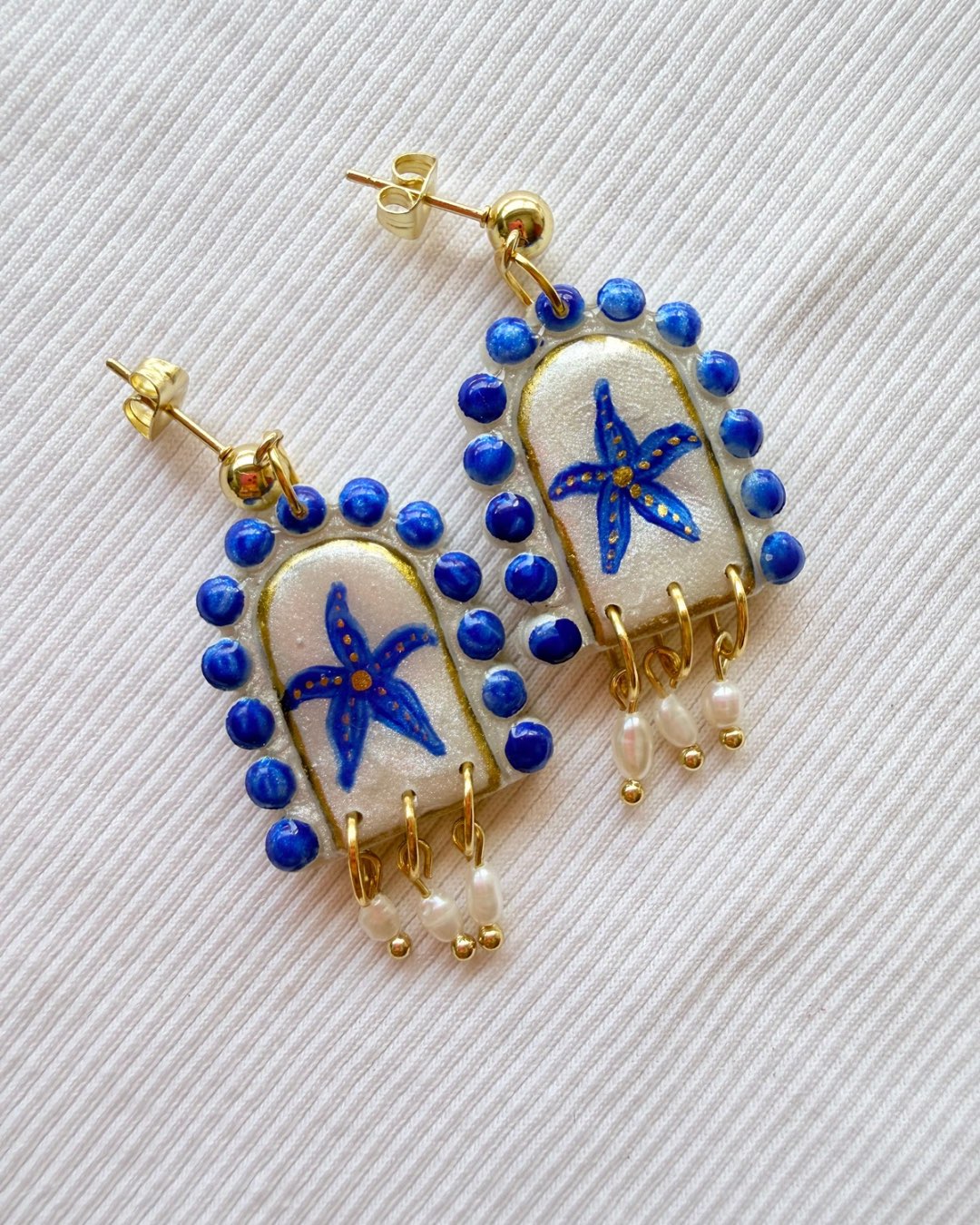 Blue Starfish Rice Pearl Statement Earrings