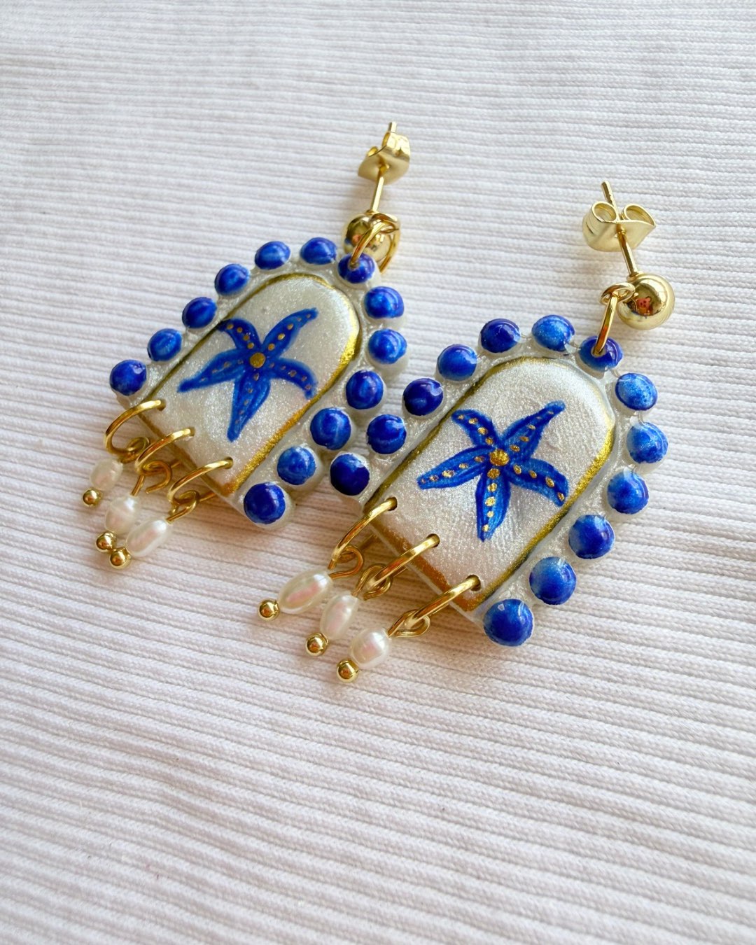 Blue Starfish Rice Pearl Statement Earrings