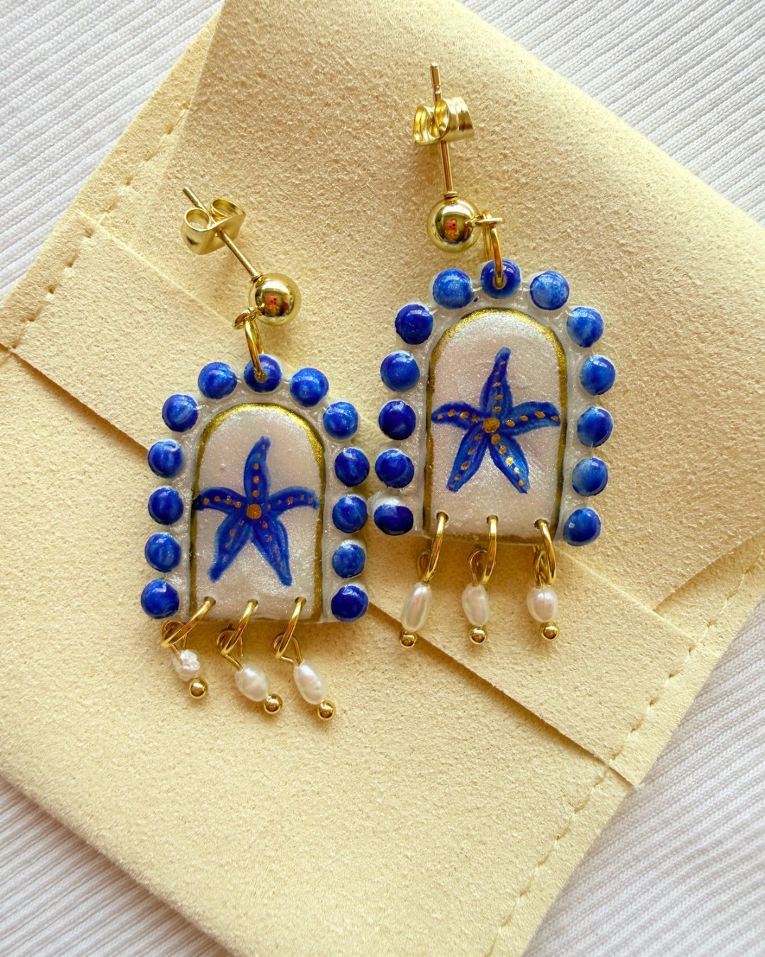 Blue Starfish Rice Pearl Statement Earrings